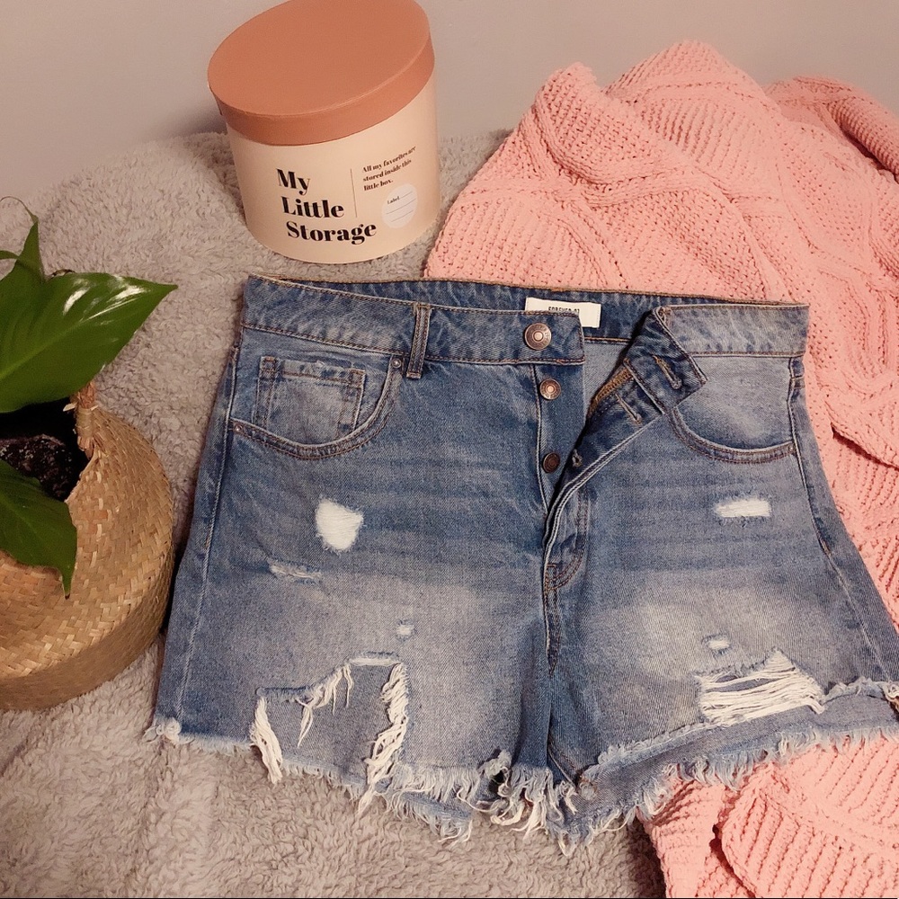 Mid-Waist Distressed Denim Shorts
